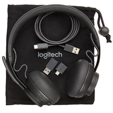 Load image into Gallery viewer, image of logitech zone headset with cable, bag and dongles
