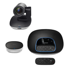 Load image into Gallery viewer, Logitech group package contents, including camera, speakerphone, remote and powered hub