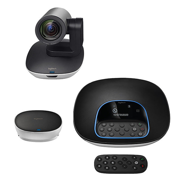 Logitech group package contents, including camera, speakerphone, remote and powered hub