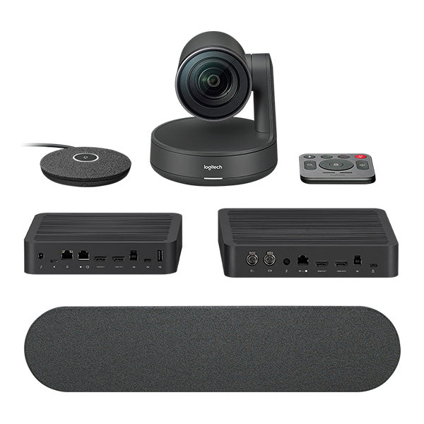 Logitech rally ultra-HD conference camera. Including display hub, remote, table hub, mic pod and speaker