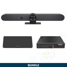 Load image into Gallery viewer, Contents of bundle including logitech rally bar, logitech Tap, Lenovo ThinkSmart PC and mounting bracket
