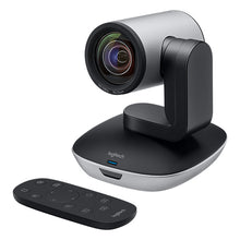 Load image into Gallery viewer, side view of Logitech PTZ PRO 2 camera and remote control